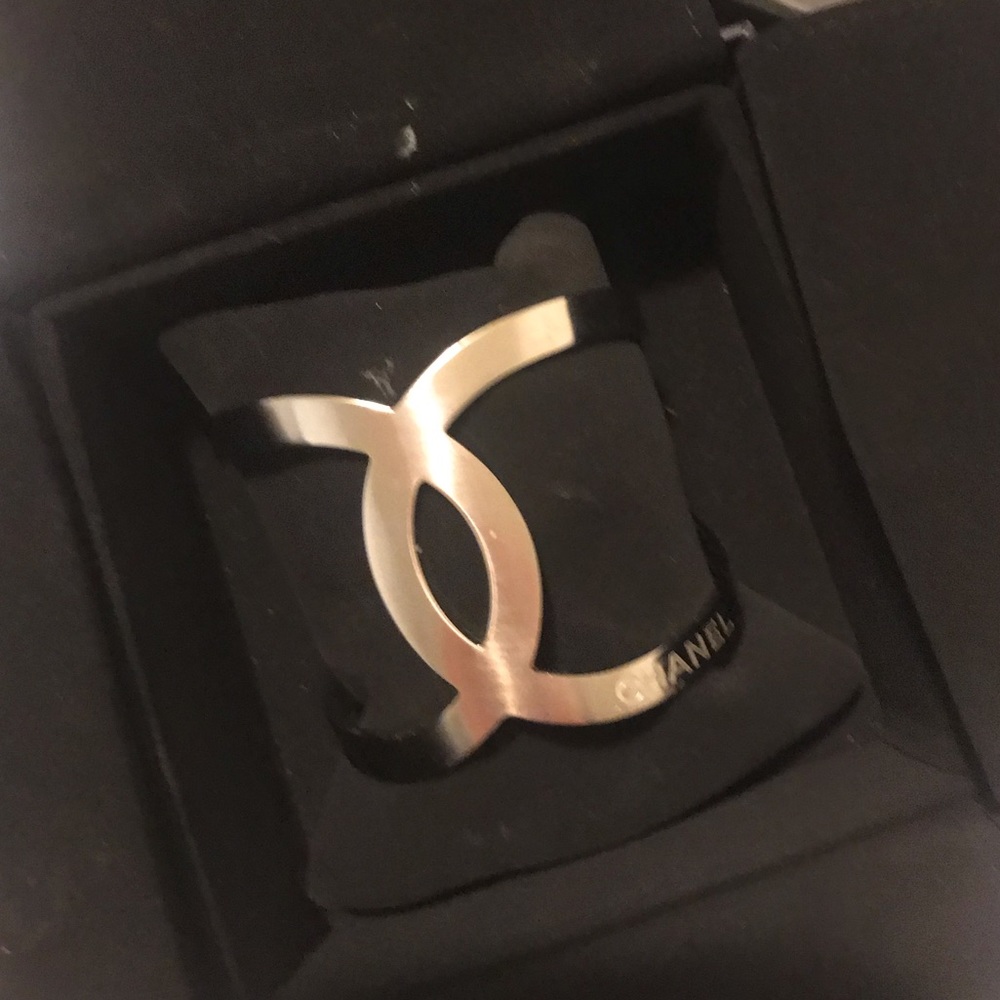 CHANEL CC Bracelet Silver Metal Cuff Authentic